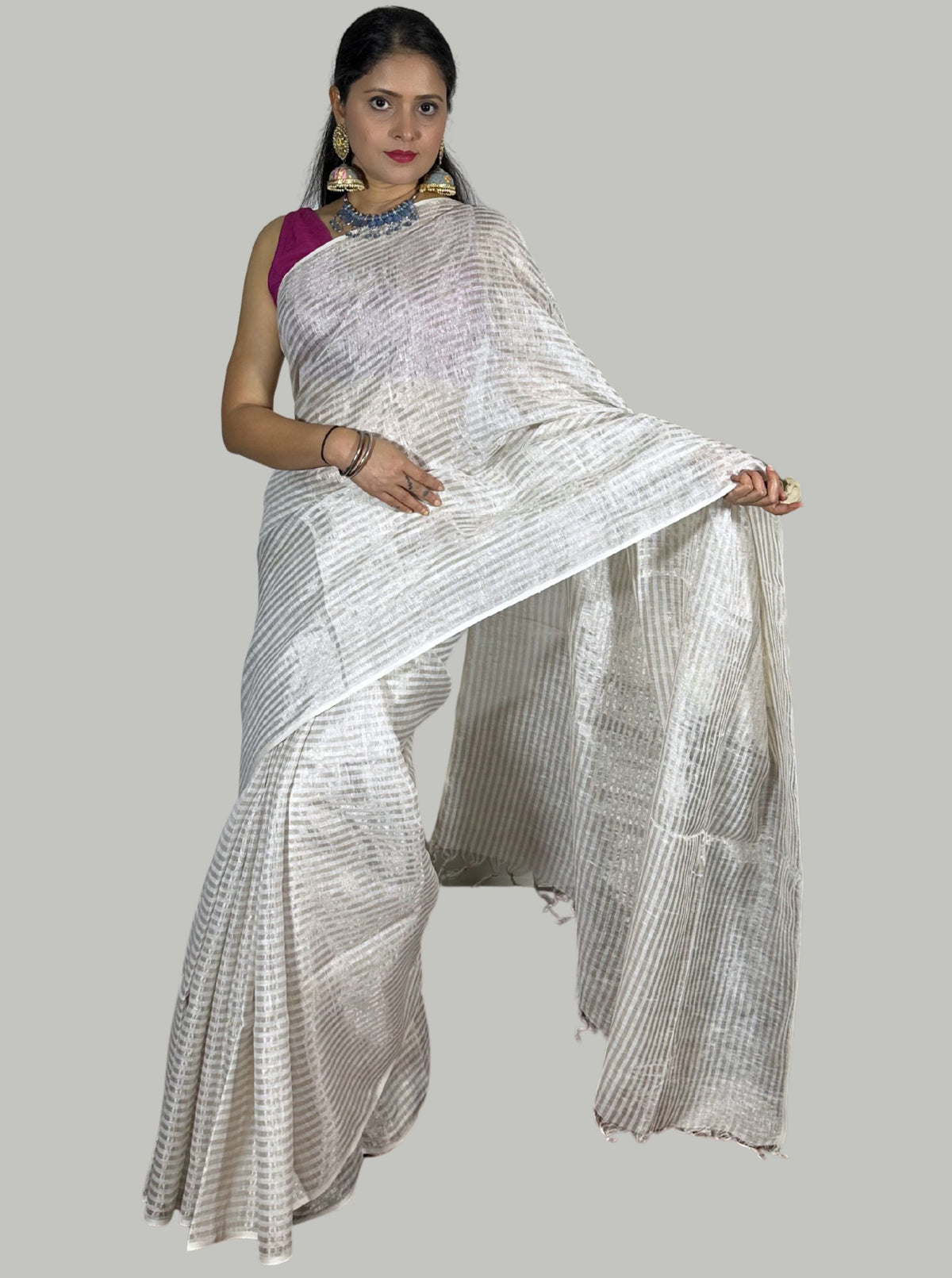 silver and white stripes handloom tissue linen saree with attached blouse