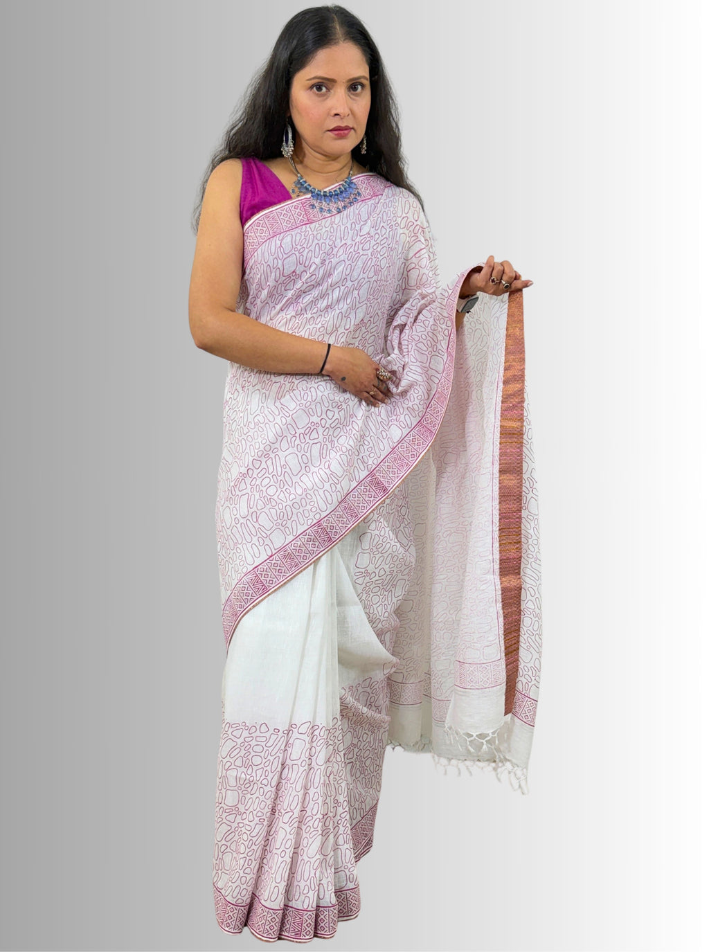 Handloom Cotton Linen White Hand Block Printed Saree with Blouse