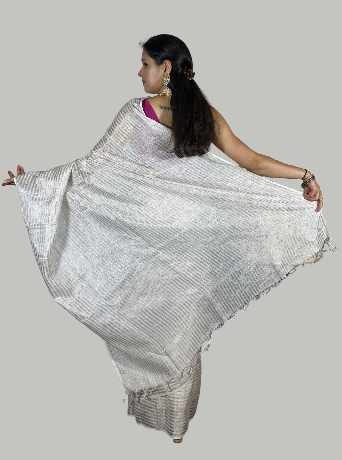 silver and white stripes handloom tissue linen saree with attached blouse