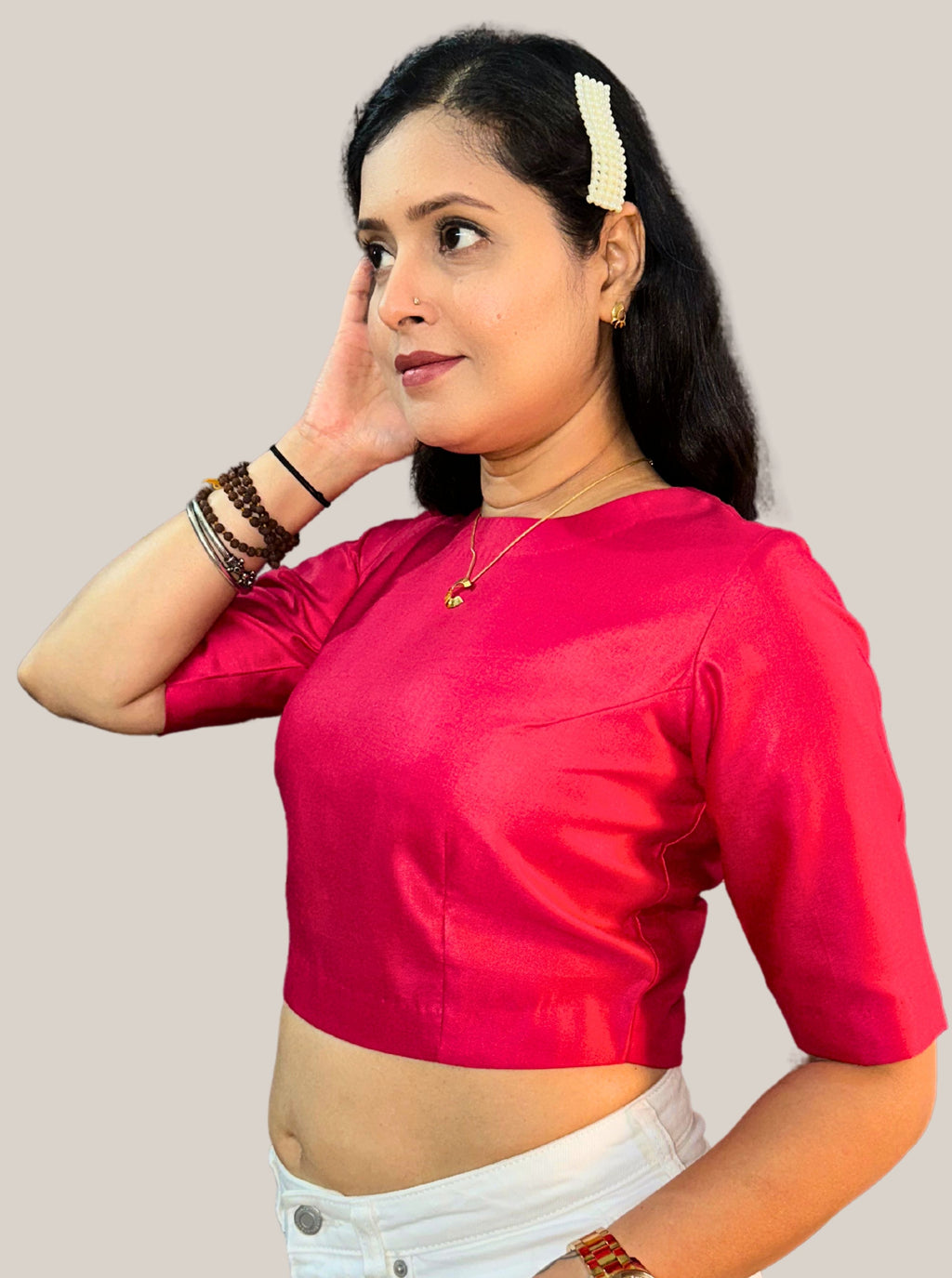 Round Neck Dark Tomato Red Cotton Tussar Silk Blouse with Back Wooden Buttons