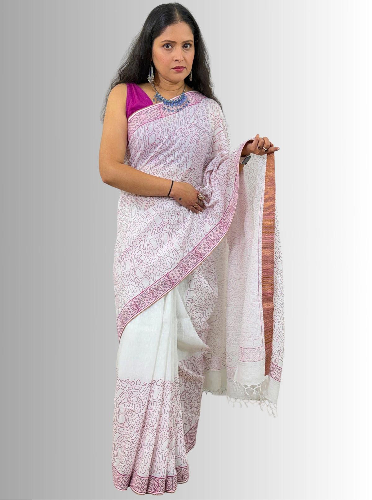 handloom cotton jaal hand block print saree with blouse