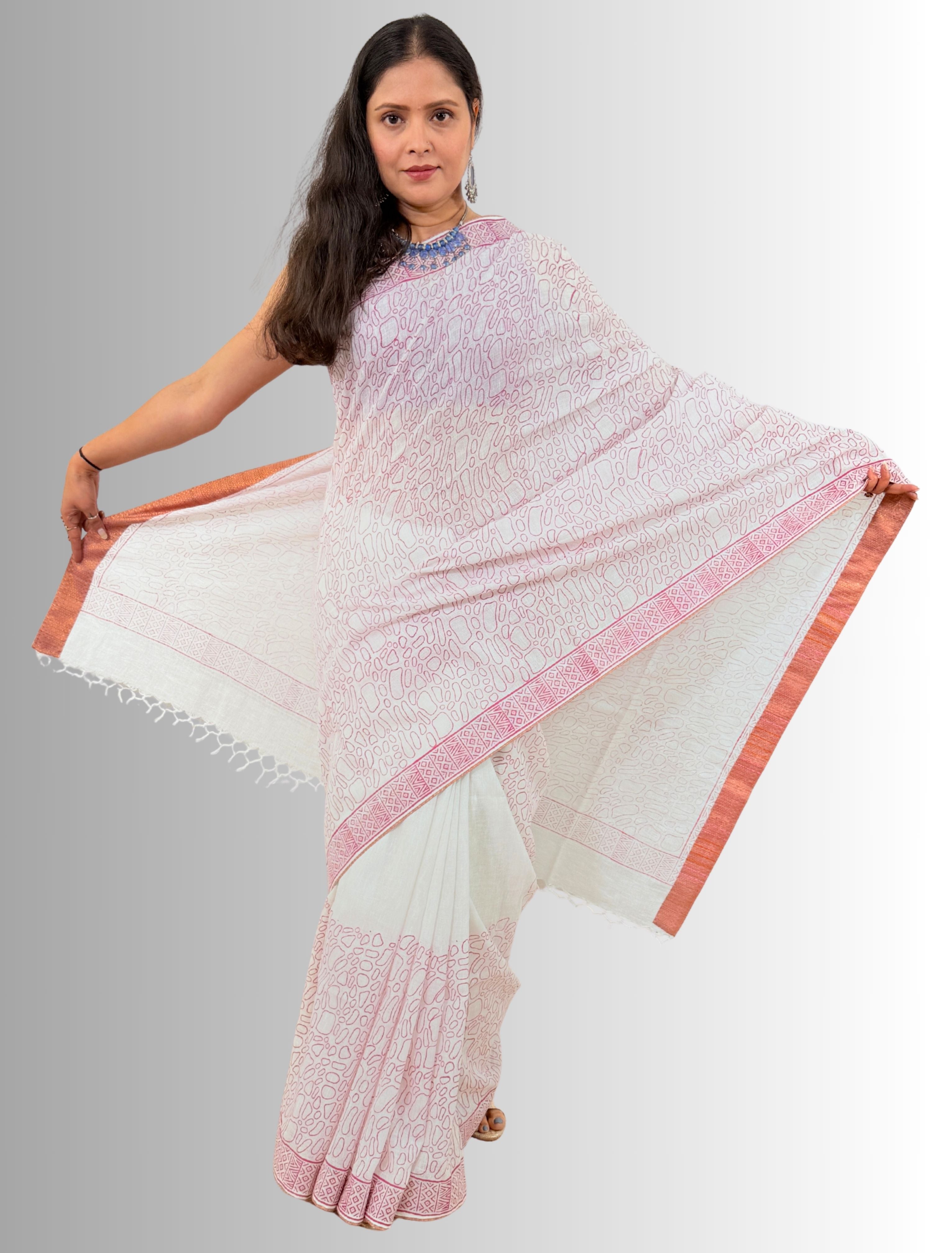 Handloom Cotton Linen White Hand Block Printed Saree with Blouse