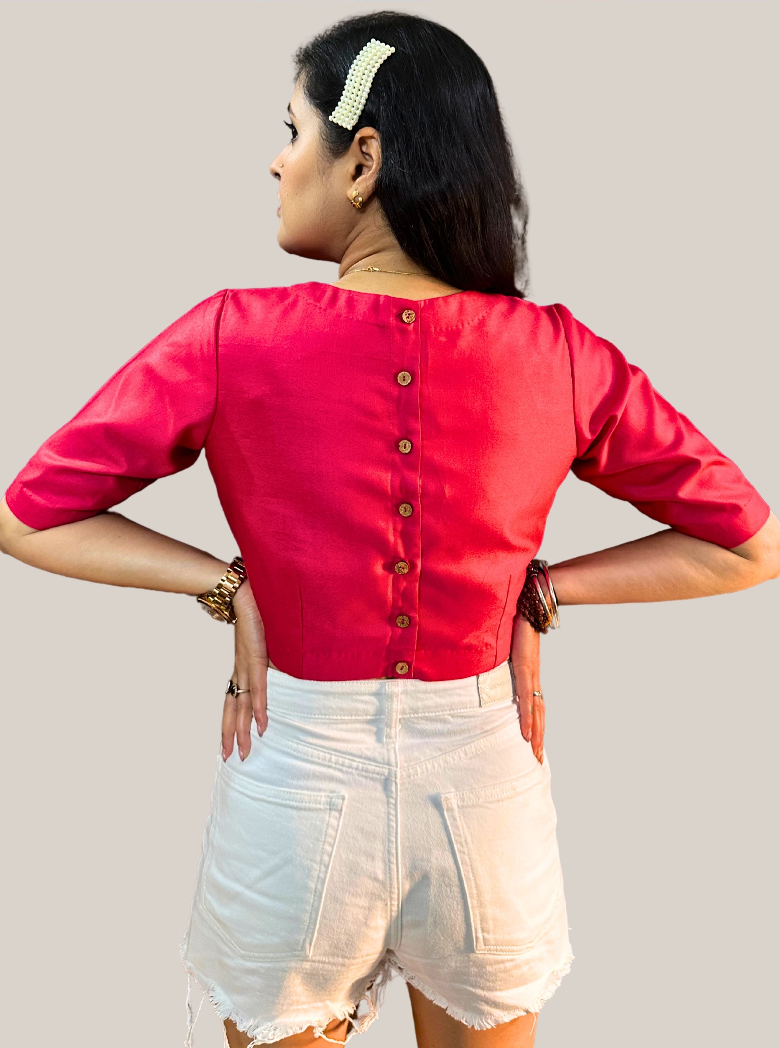 Round Neck Dark Tomato Red Cotton Tussar Silk Blouse with Back Wooden Buttons