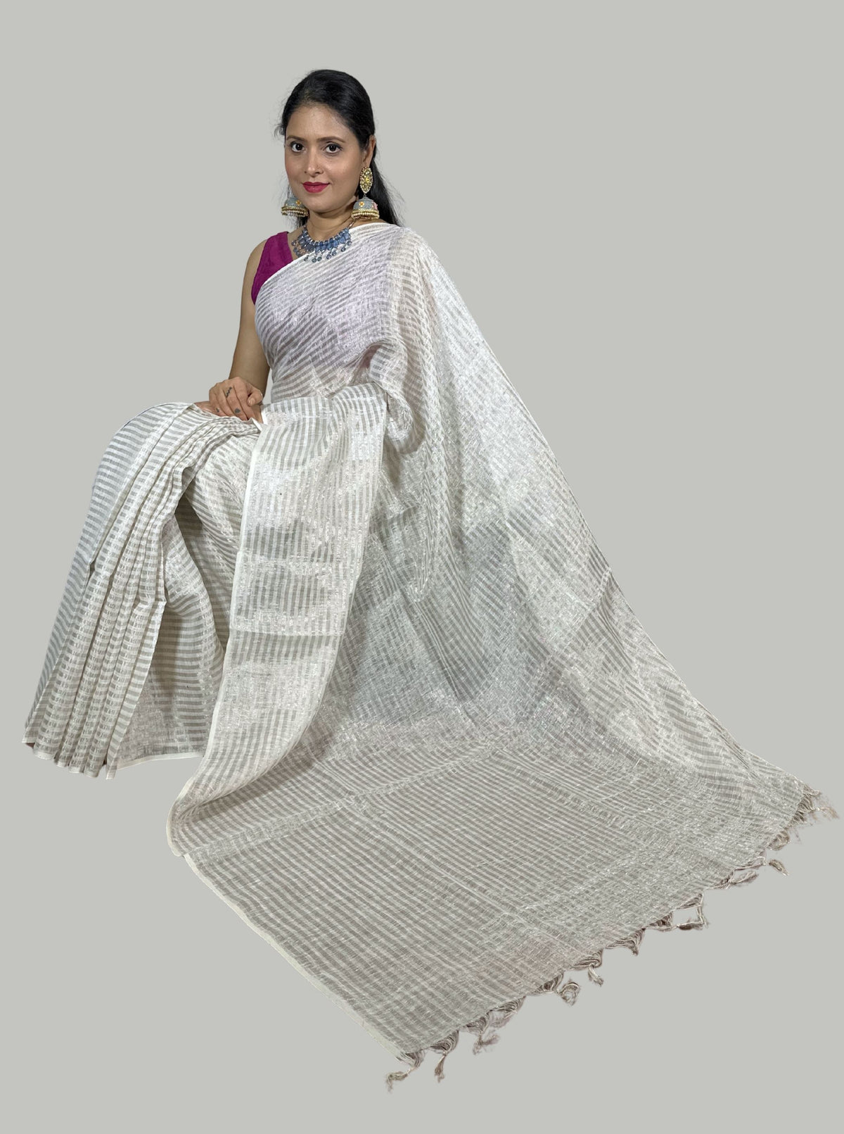 silver and white stripes handloom tissue linen saree with attached blouse