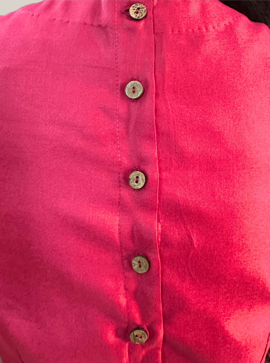 Round Neck Dark Tomato Red Cotton Tussar Silk Blouse with Back Wooden Buttons