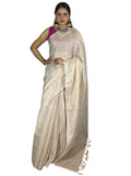 Golden and white stripes handloom tissue linen saree with attached blouse