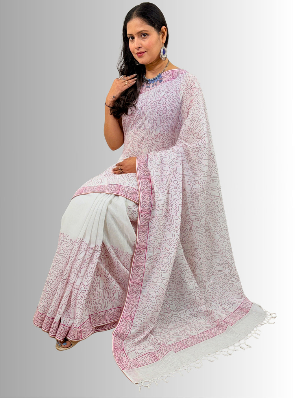 Handloom Cotton Linen White Hand Block Printed Saree with Blouse