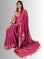 wine handloom linen saree wih hand embroiedrey with blouse