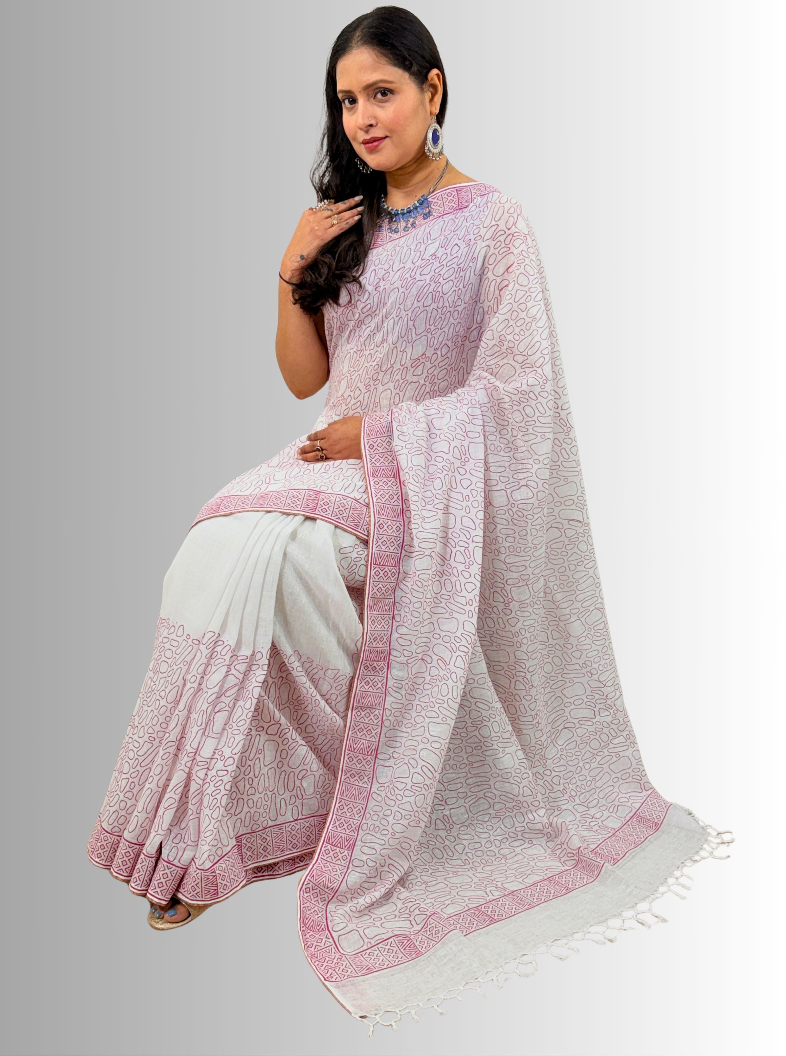 Handloom Cotton Linen White Hand Block Printed Saree with Blouse