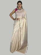 Golden and white stripes handloom tissue linen saree with attached blouse