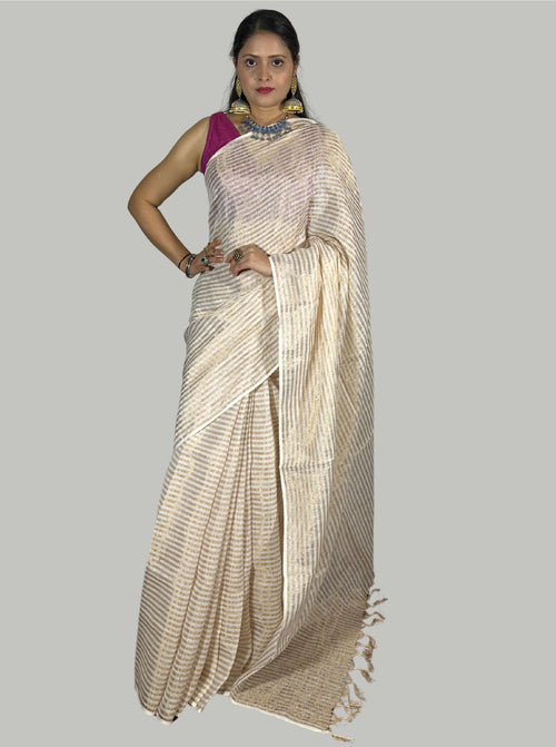 Golden and white stripes handloom tissue linen saree with attached blouse