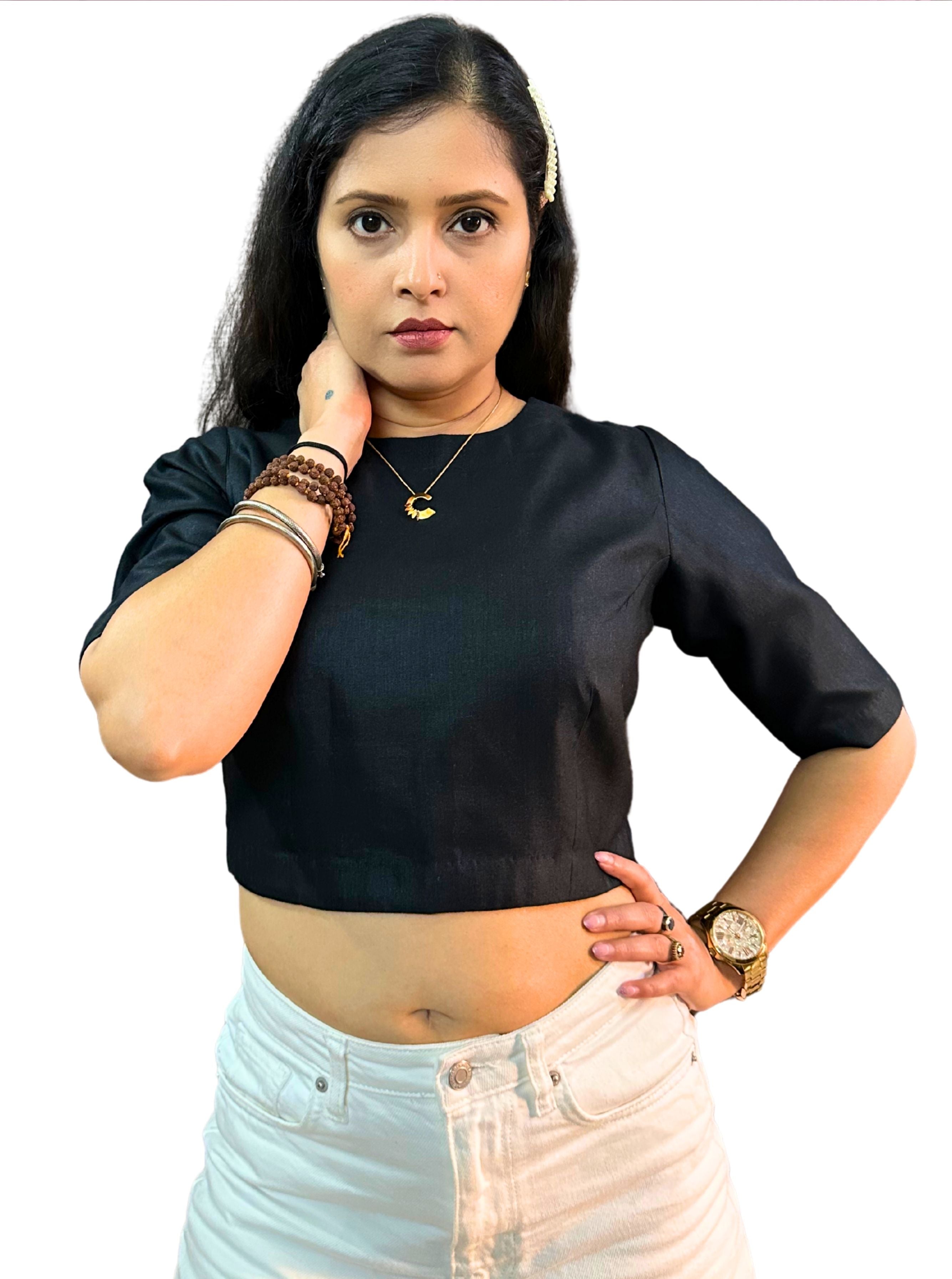 Round Neck Dark Black Cotton Tussar Silk Blouse with Back Wooden Button