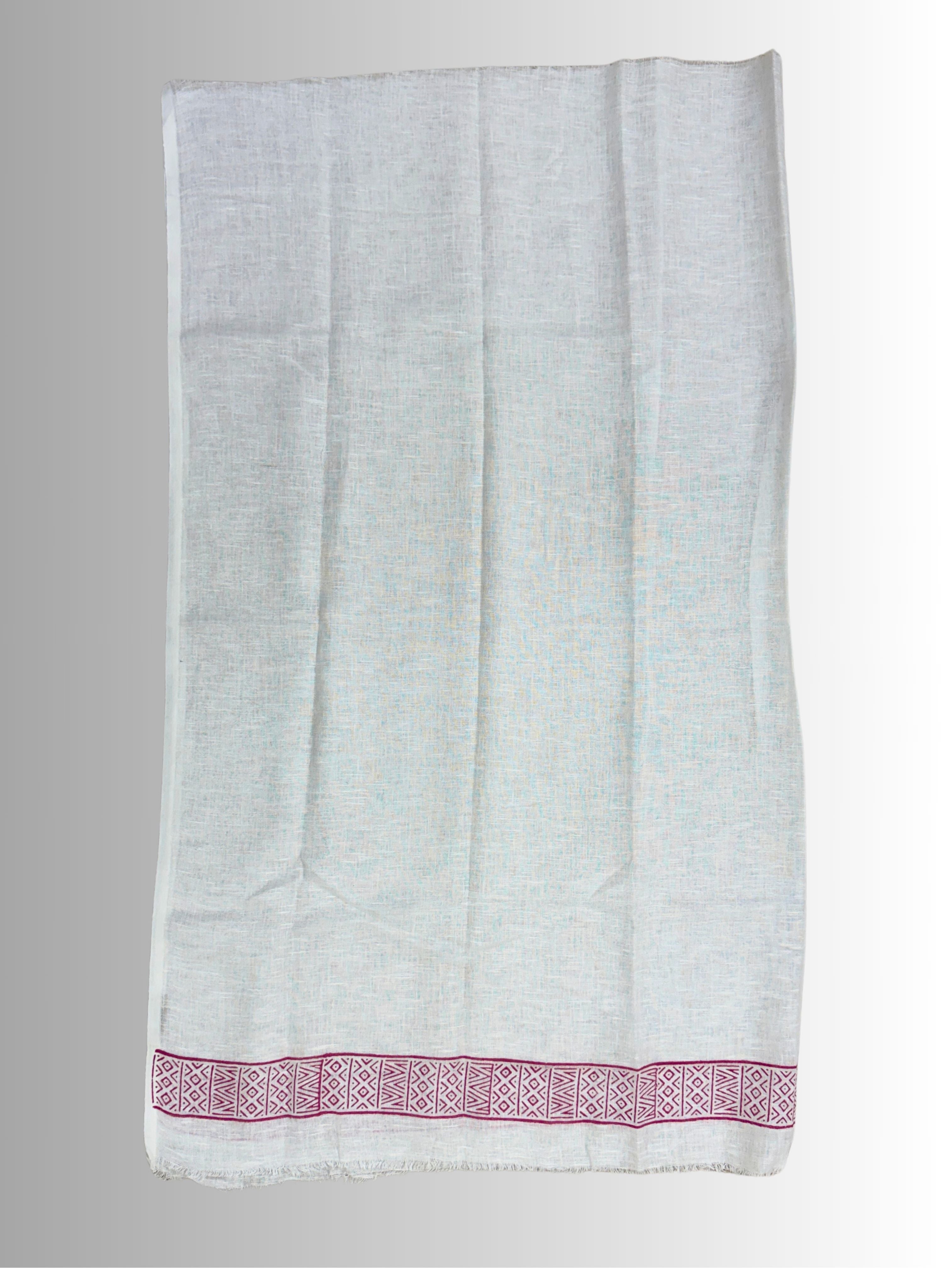 Handloom Cotton Linen White Hand Block Printed Saree with Blouse