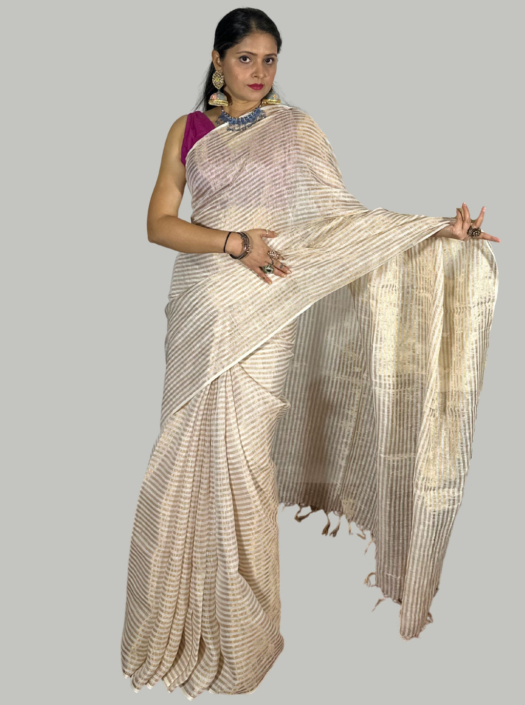 Golden and white stripes handloom tissue linen saree with attached blouse