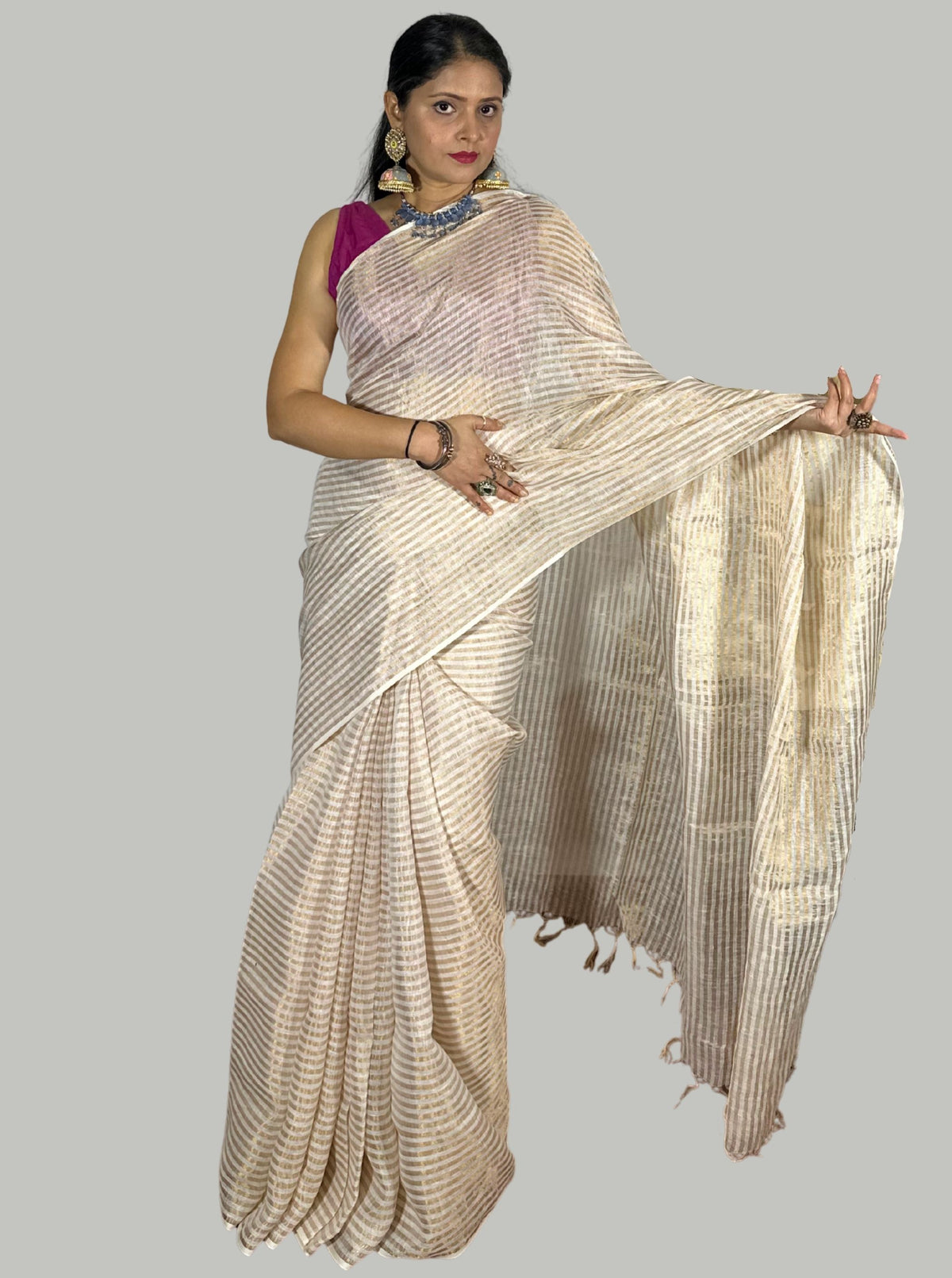 Golden and white stripes handloom tissue linen saree with attached blouse