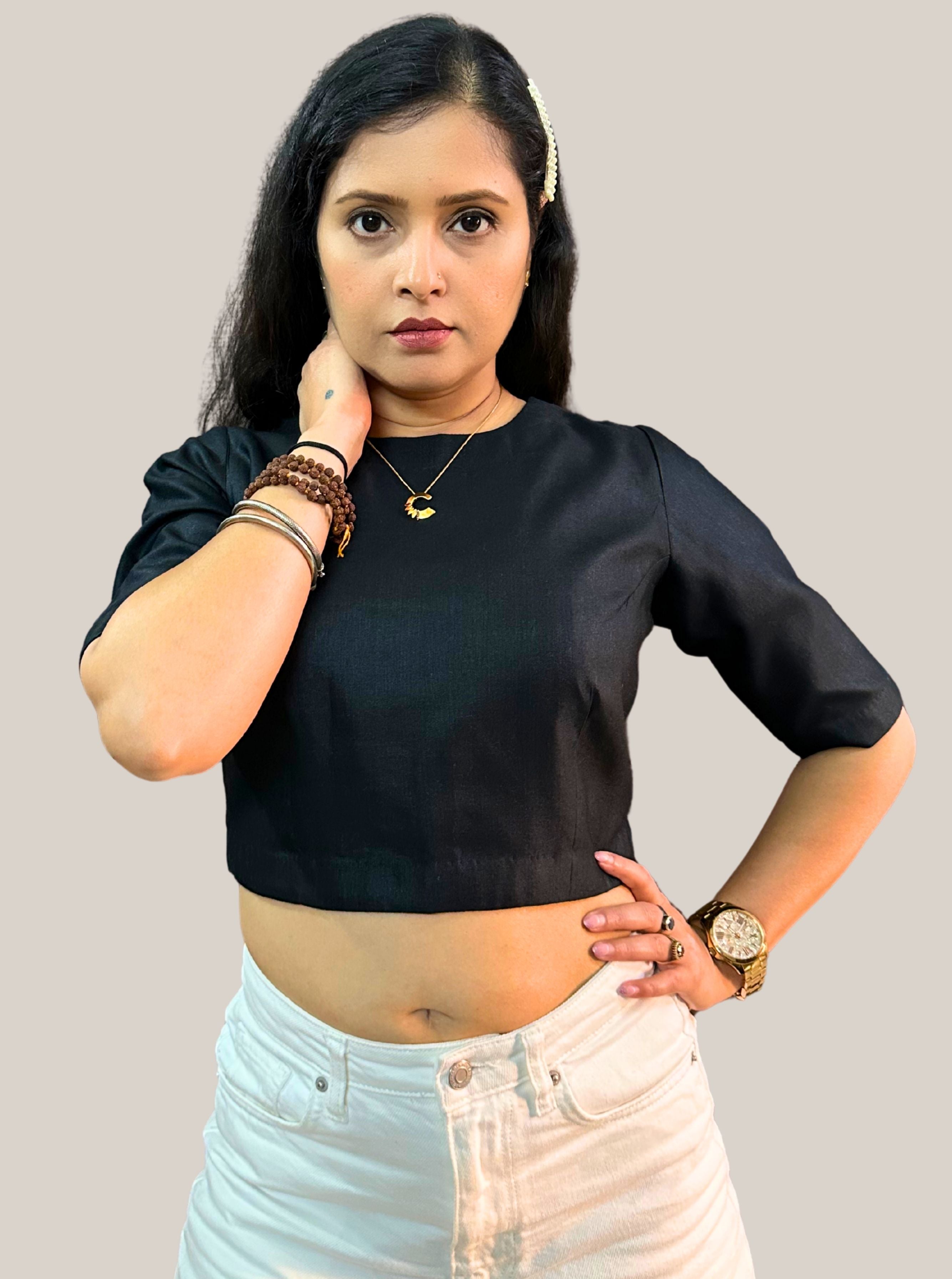 Round Neck Dark Black Cotton Tussar Silk Blouse with Back Wooden Button