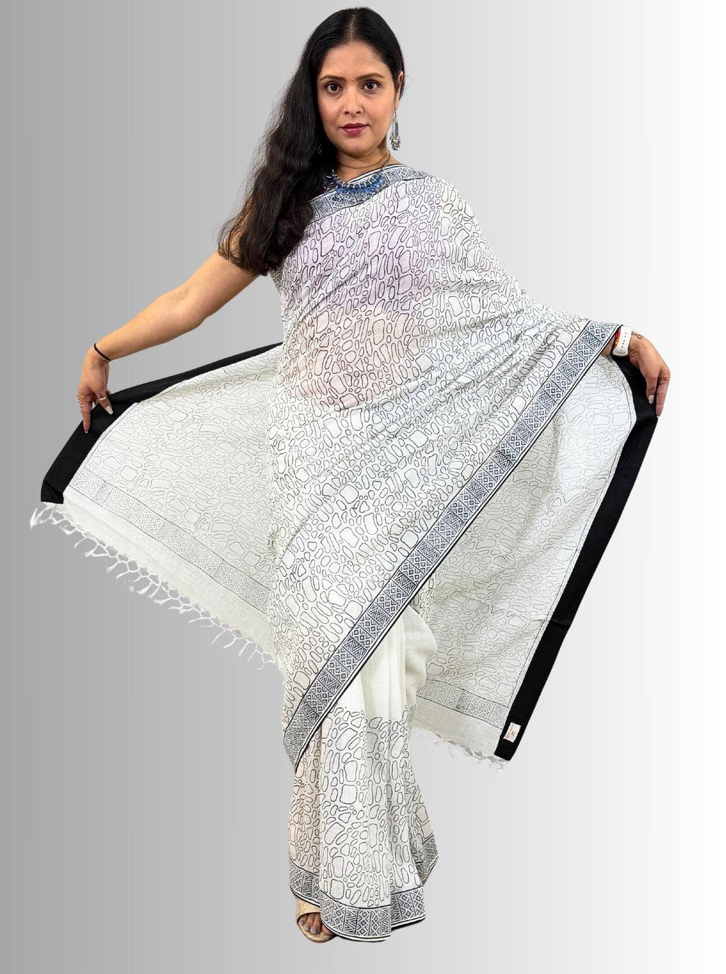 Handloom Cotton Linen White Hand Block Print Saree with Blouse, Featuring Facing and Tapering Work Done