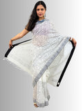 Handloom Cotton Linen White Hand Block Print Saree with Blouse, Featuring Facing and Tapering Work Done