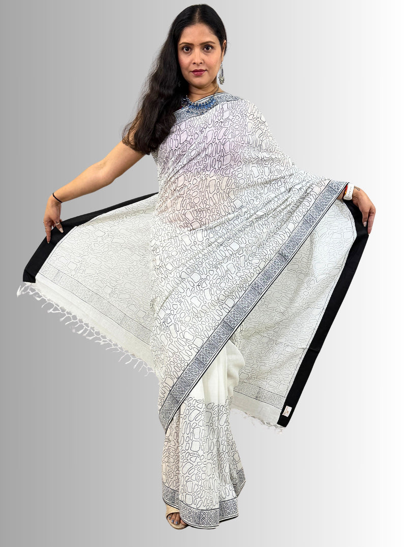 Handloom Cotton Linen White Hand Block Print Saree with Blouse, Featuring Facing and Tapering Work Done