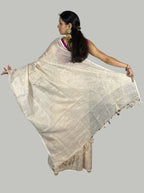Golden and white stripes handloom tissue linen saree with attached blouse