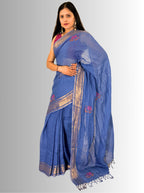 Blue handloom saree with copper zari border with hand embroiedry