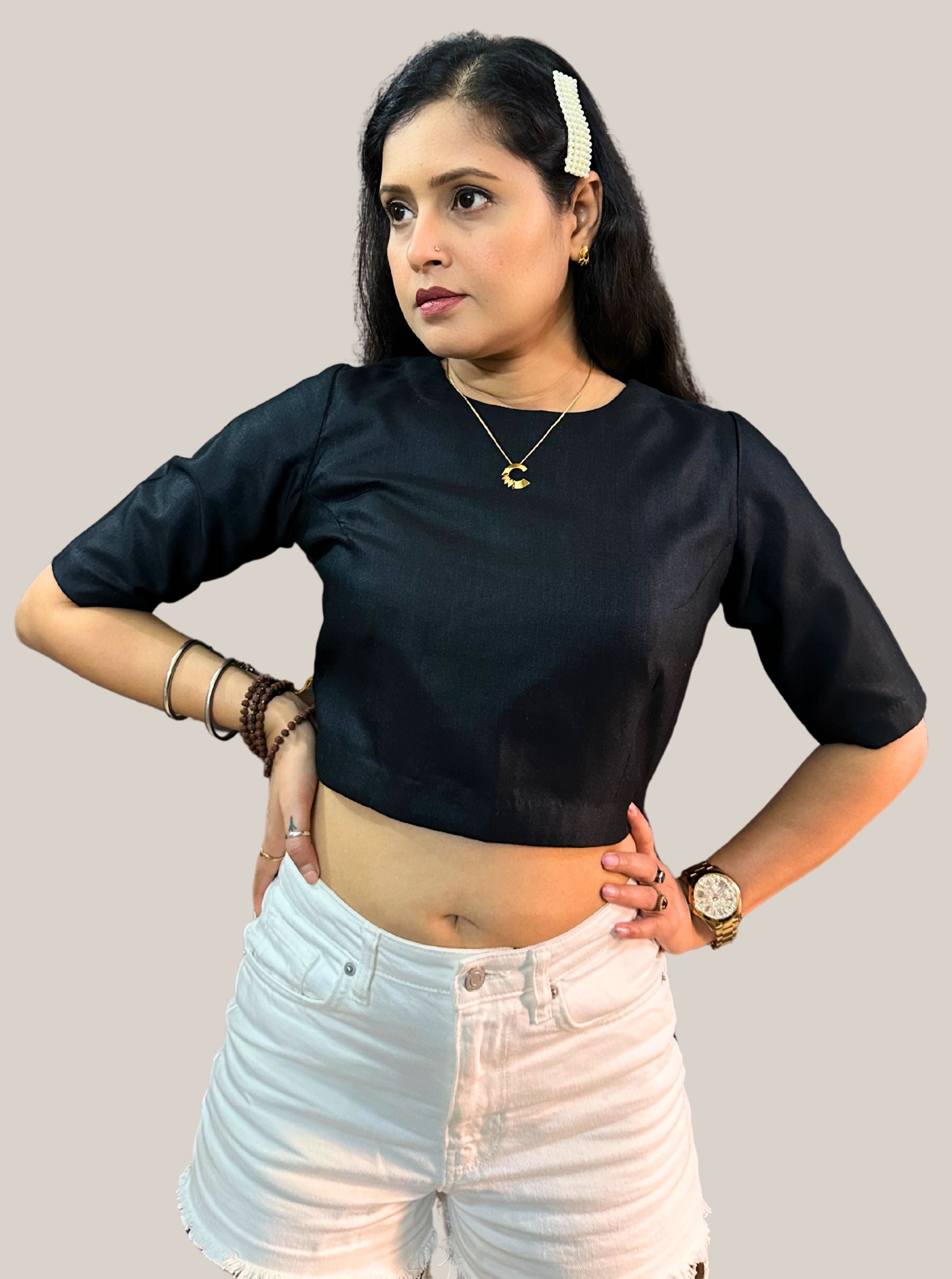 Round Neck Dark Black Cotton Tussar Silk Blouse with Back Wooden Button