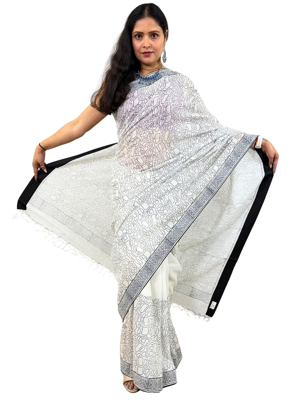 Handloom Cotton Linen White Hand Block Print Saree with Blouse, Featuring Facing and Tapering Work Done