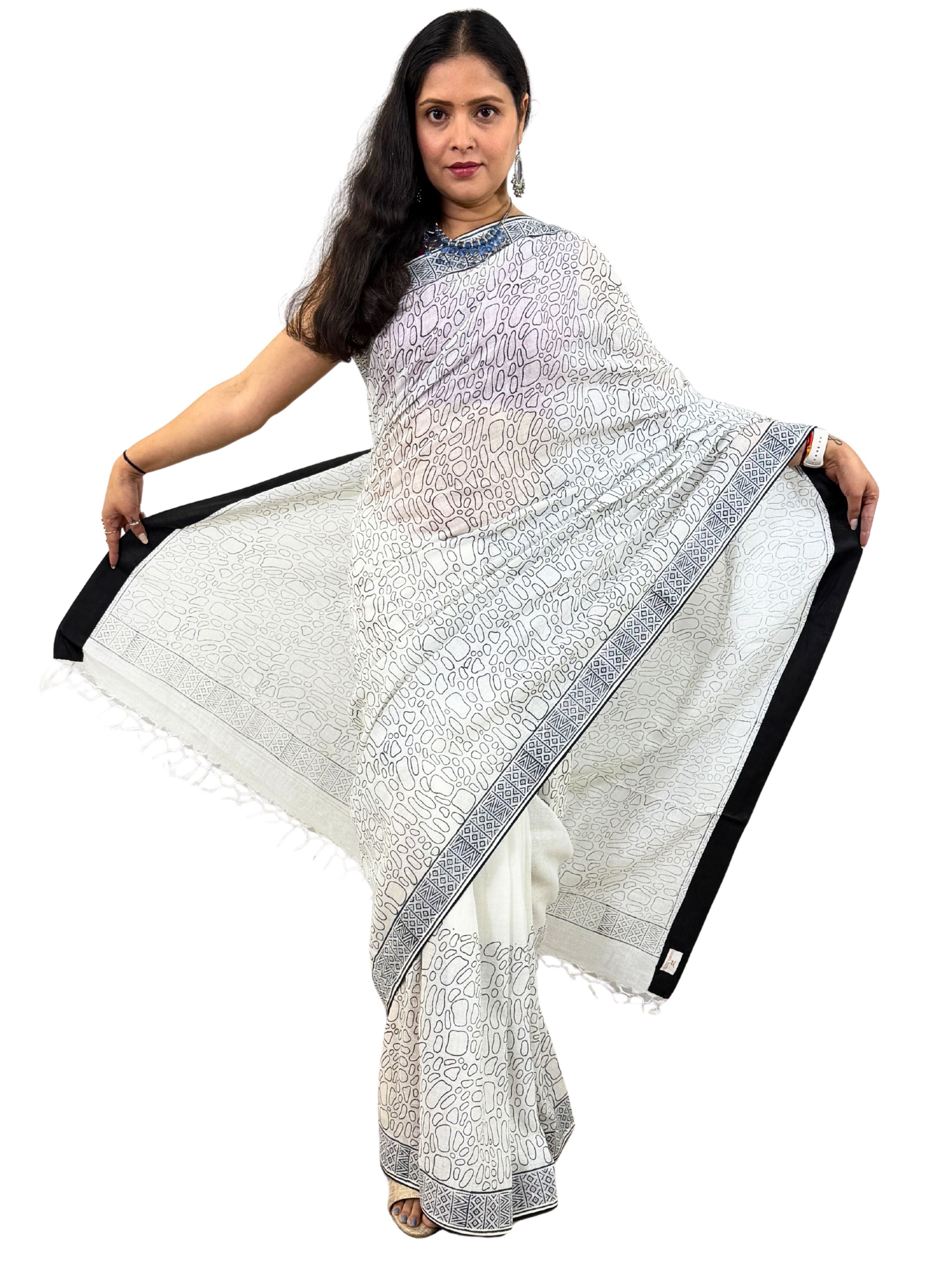 Handloom Cotton Linen White Hand Block Print Saree with Blouse, Featuring Facing and Tapering Work Done