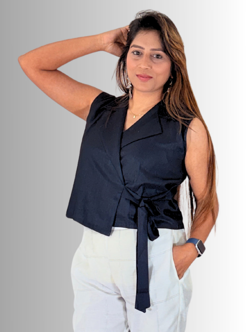 handloom Tassar silk cotton black angrakha top with loop