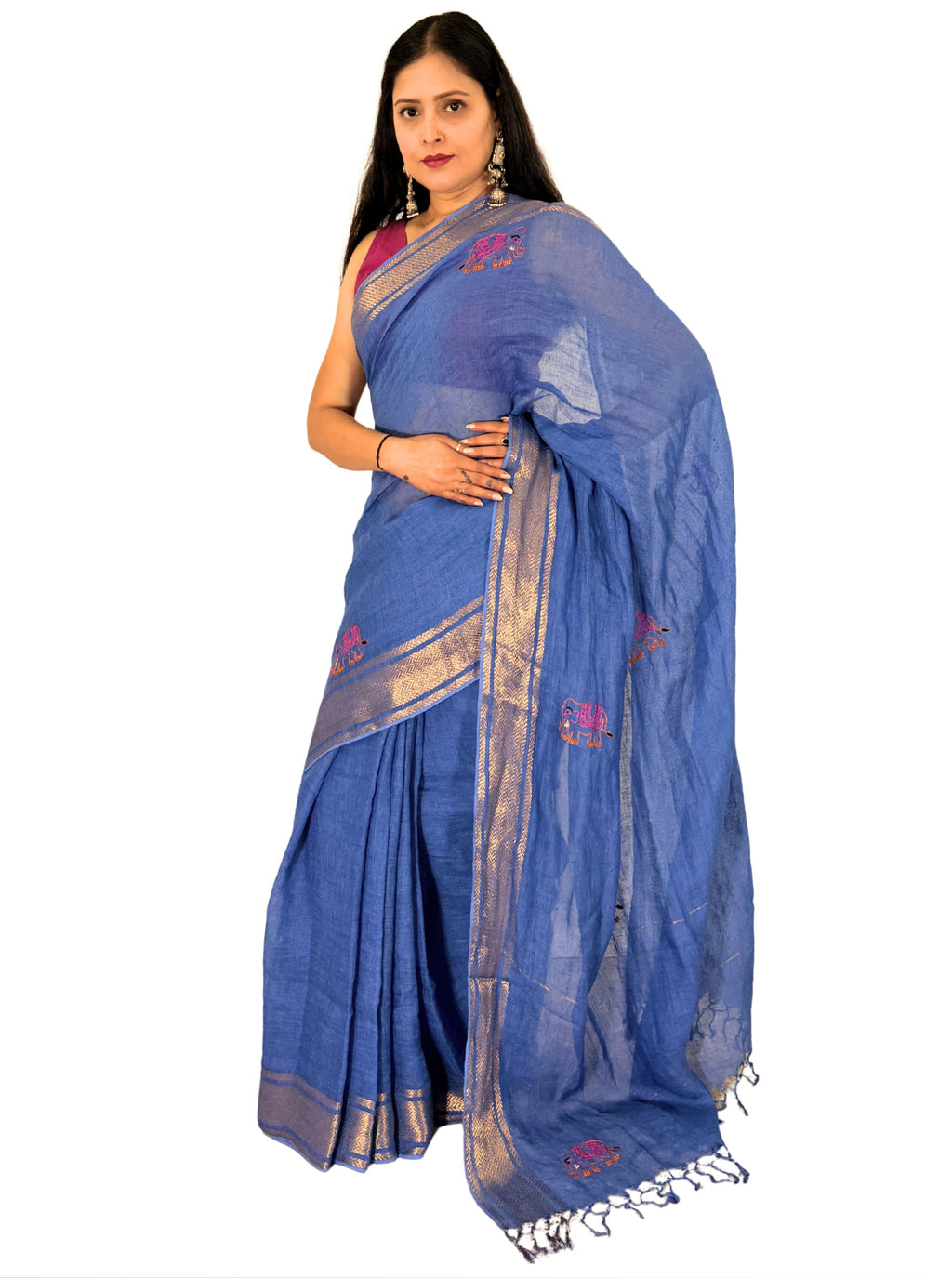 Blue handloom saree with copper zari border with hand embroiedry