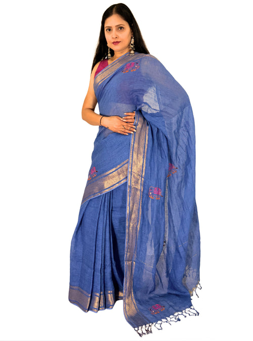 Blue handloom saree with copper zari border with hand embroiedry