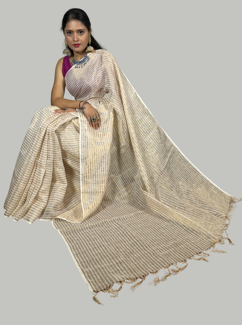 Golden and white stripes handloom tissue linen saree with attached blouse
