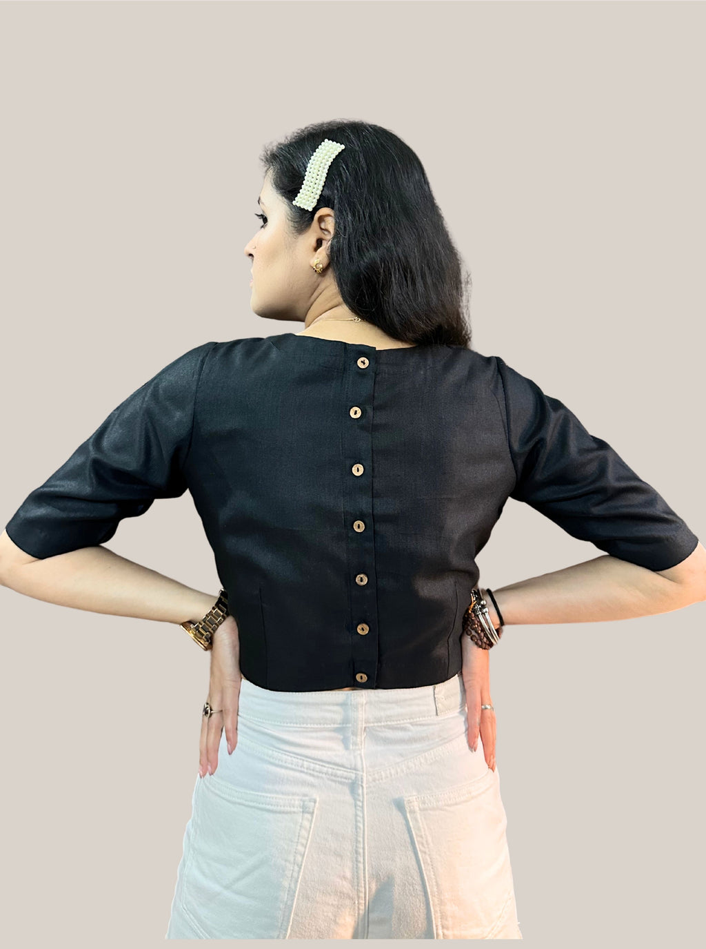 Round Neck Dark Black Cotton Tussar Silk Blouse with Back Wooden Button