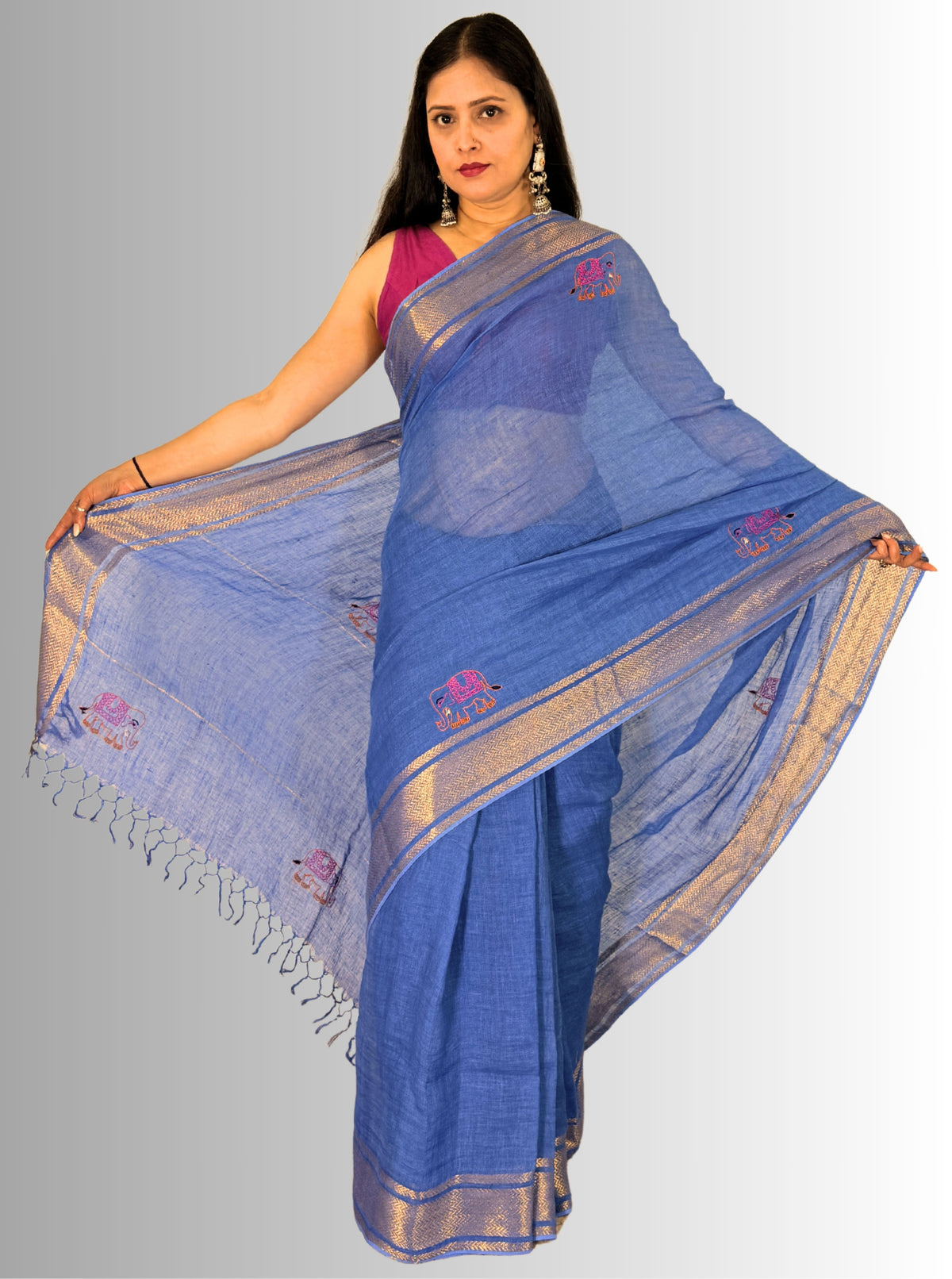 Blue handloom saree with copper zari border with hand embroiedry