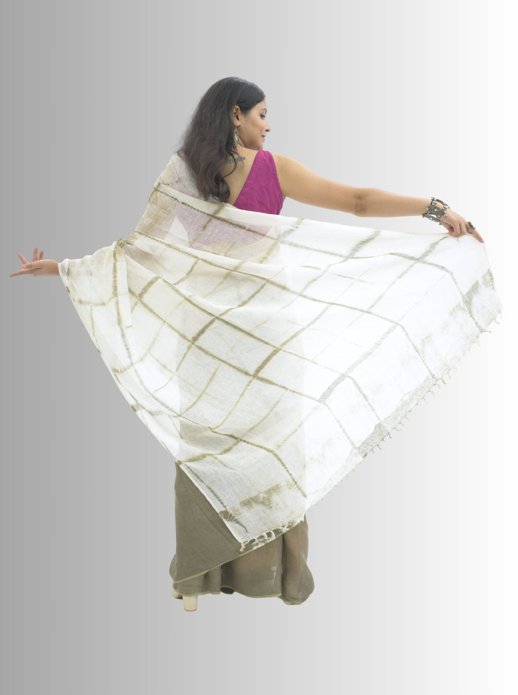 Pure Handloom Linen Olive Green & White Tie Dye Saree