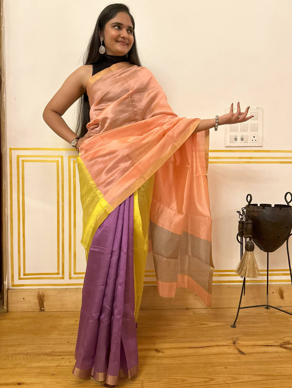 Tri color Chanderi Pattu Silk Saree