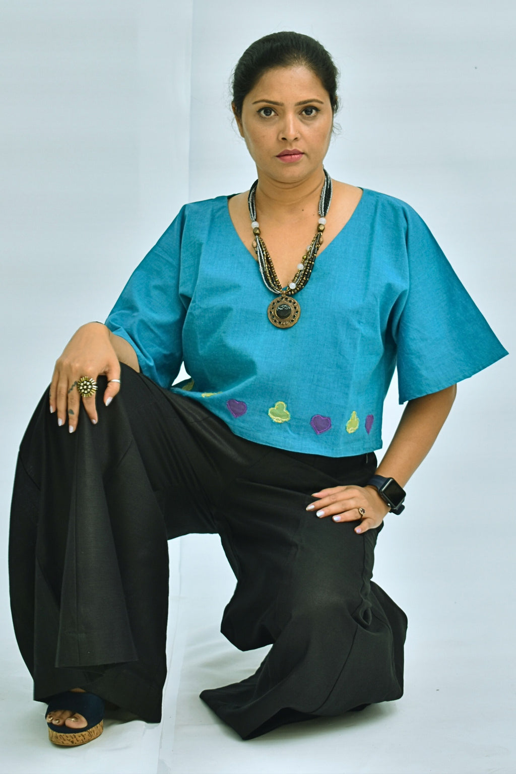 Pure Handloom Cotton Teal Blue Color with Patch Work Top