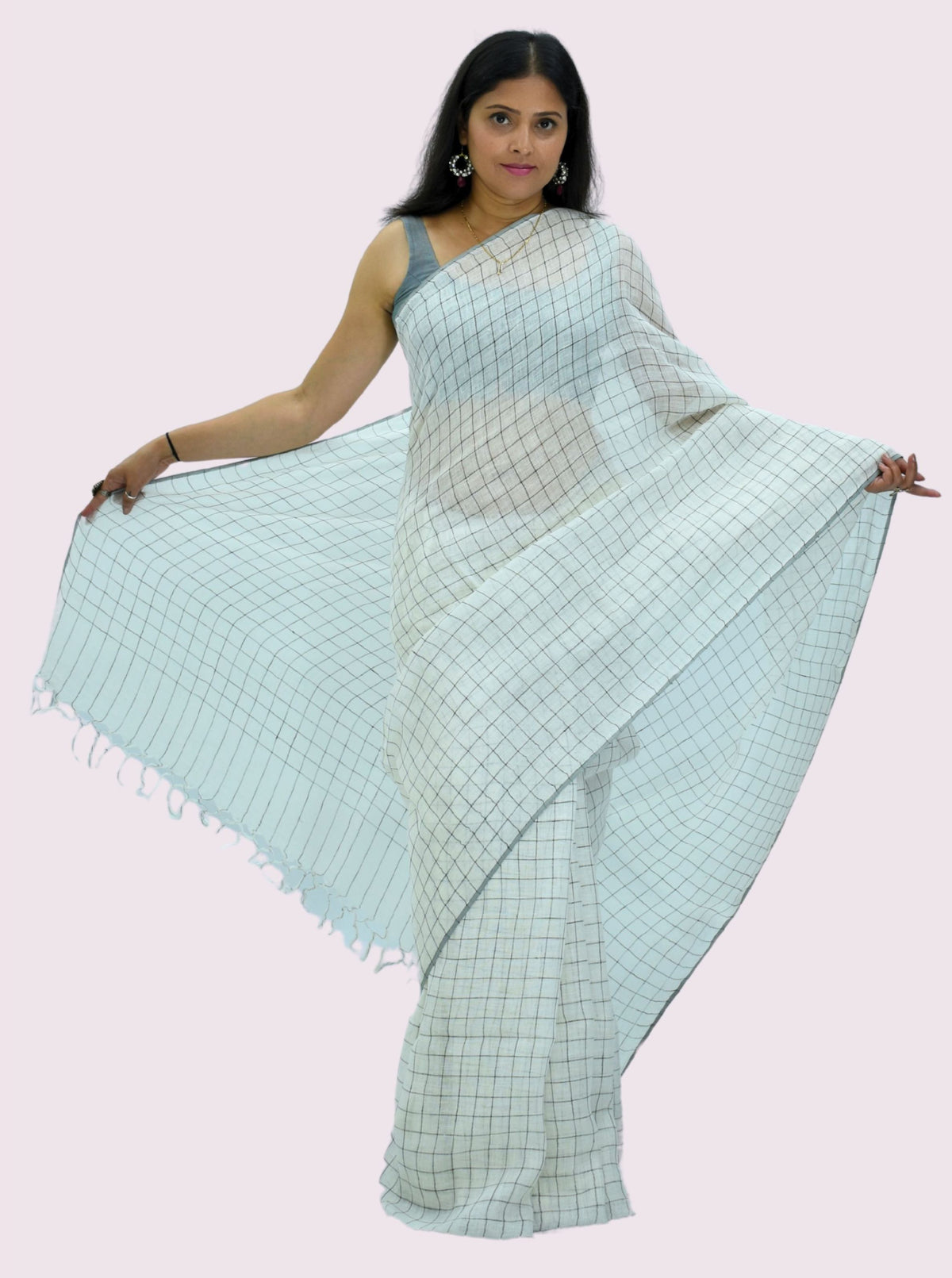 Pure Handloom Linen White Check Saree