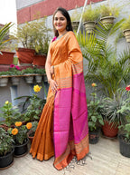 Pure handloom Orange &Pink tussar saree with Jamdani work