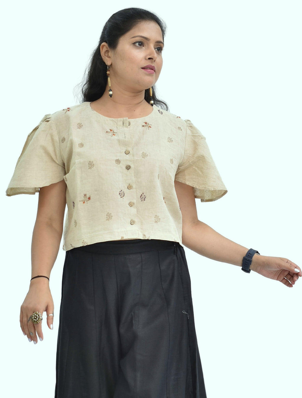 Pure Handloom Cotton Linen Earthy Beige Color Hand embroidered Top