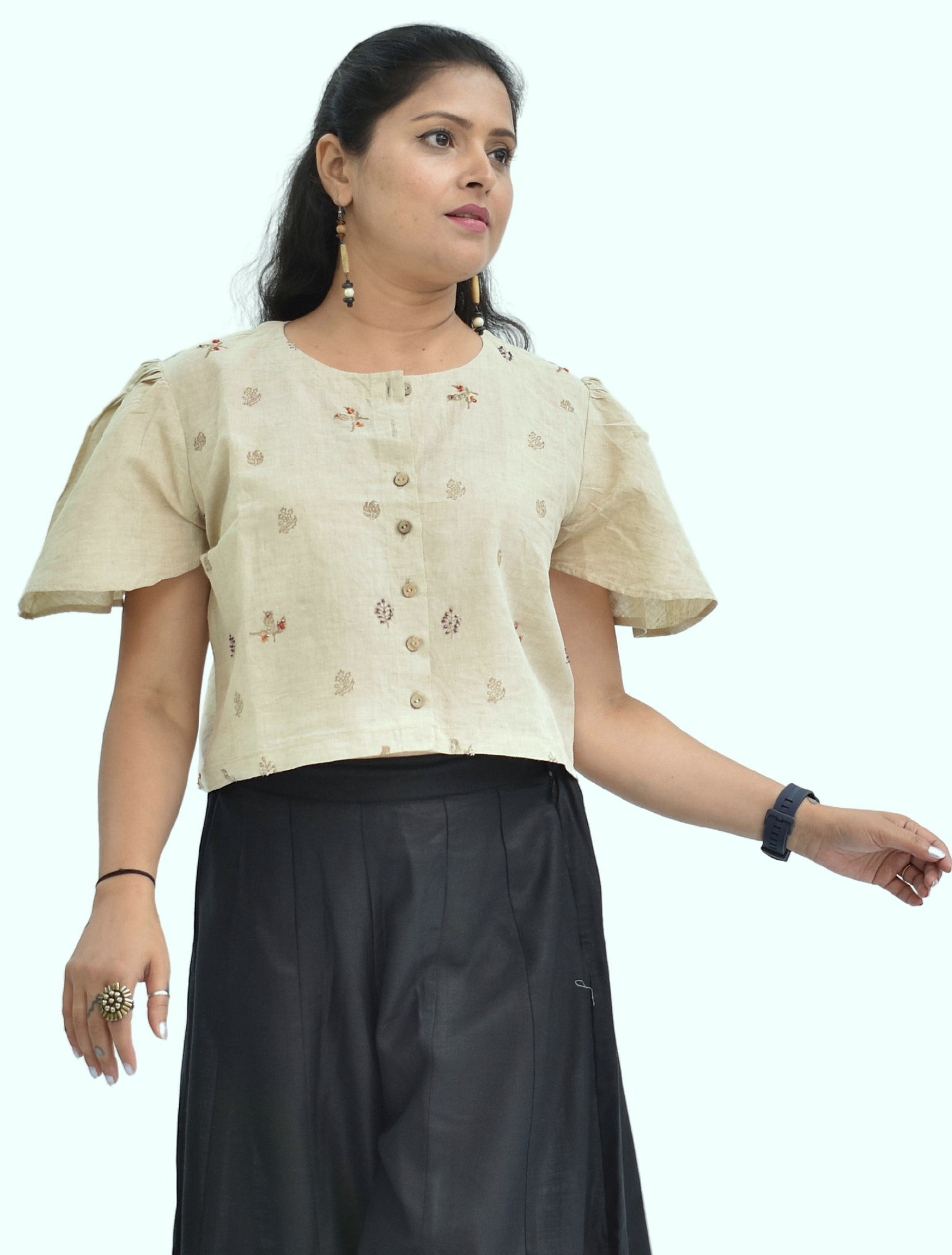 Pure Handloom Cotton Linen Earthy Beige Color Hand embroidered Top