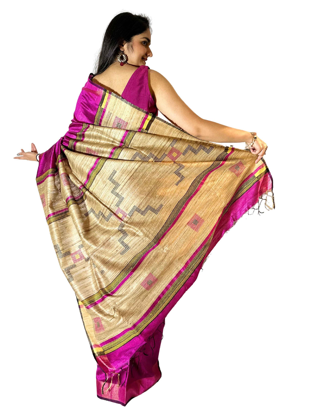 Pure handloom Pink Ghicha Tussar Silk Saree