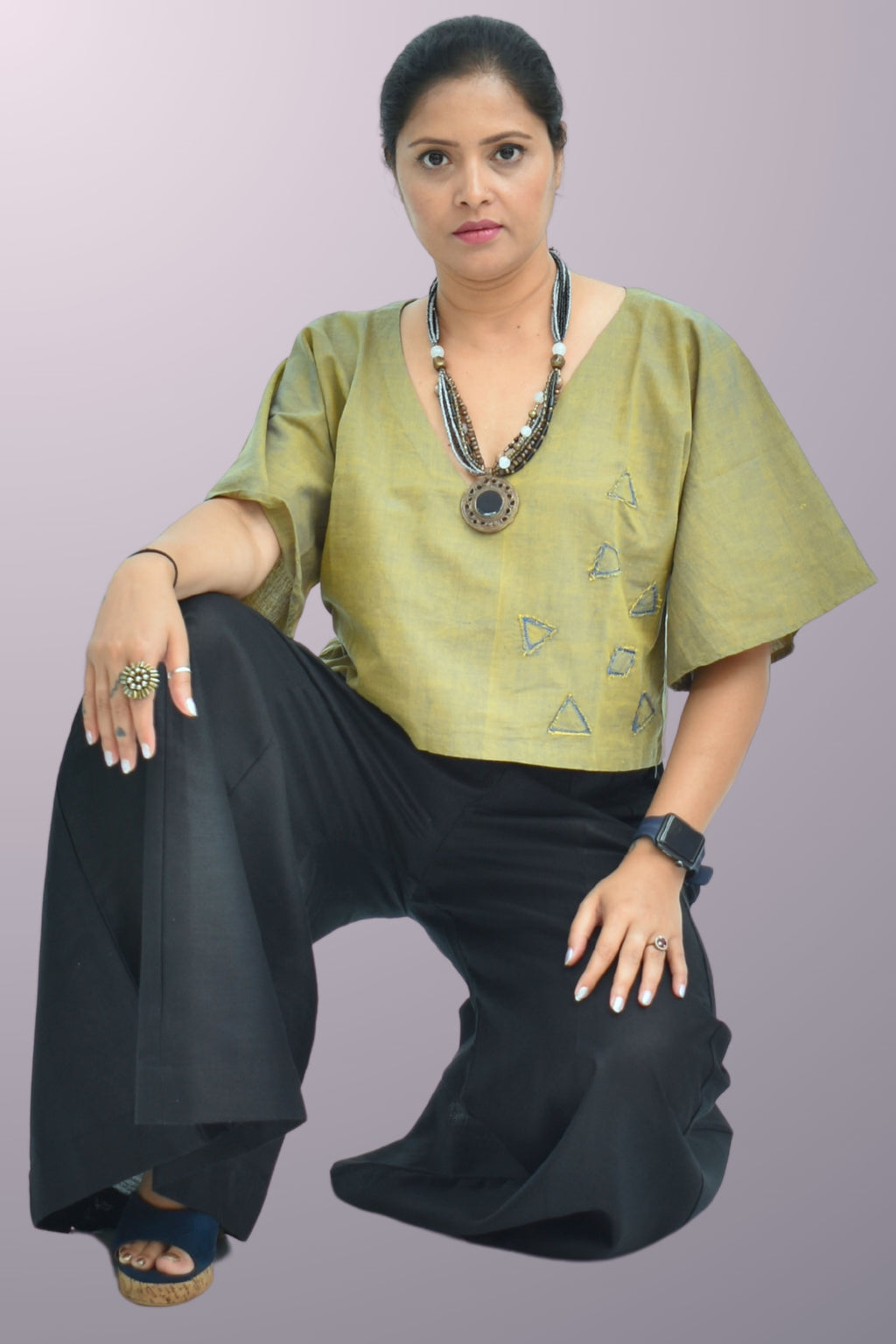 Pure Handloom Cotton Olive Green Color Dual Shade with Patch Work Top