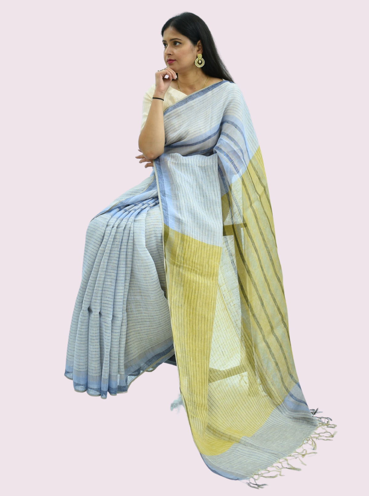 Pure Handloom Linen White Saree