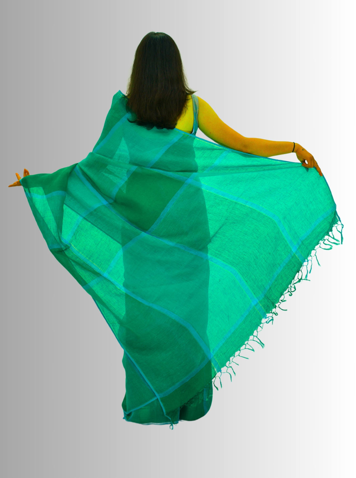 Pure Handloom Linen Emerald Green Check Saree