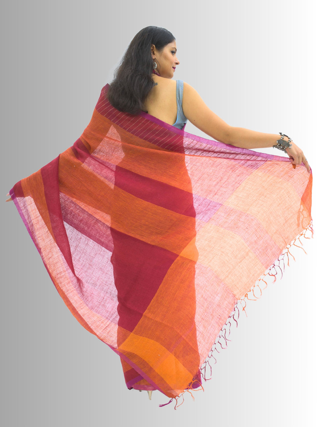 Pure Handloom Red & Orange Linen Saree (Copy)