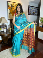 Pure handloom Teal Colour Tussar Silk Saree with Jamdani work