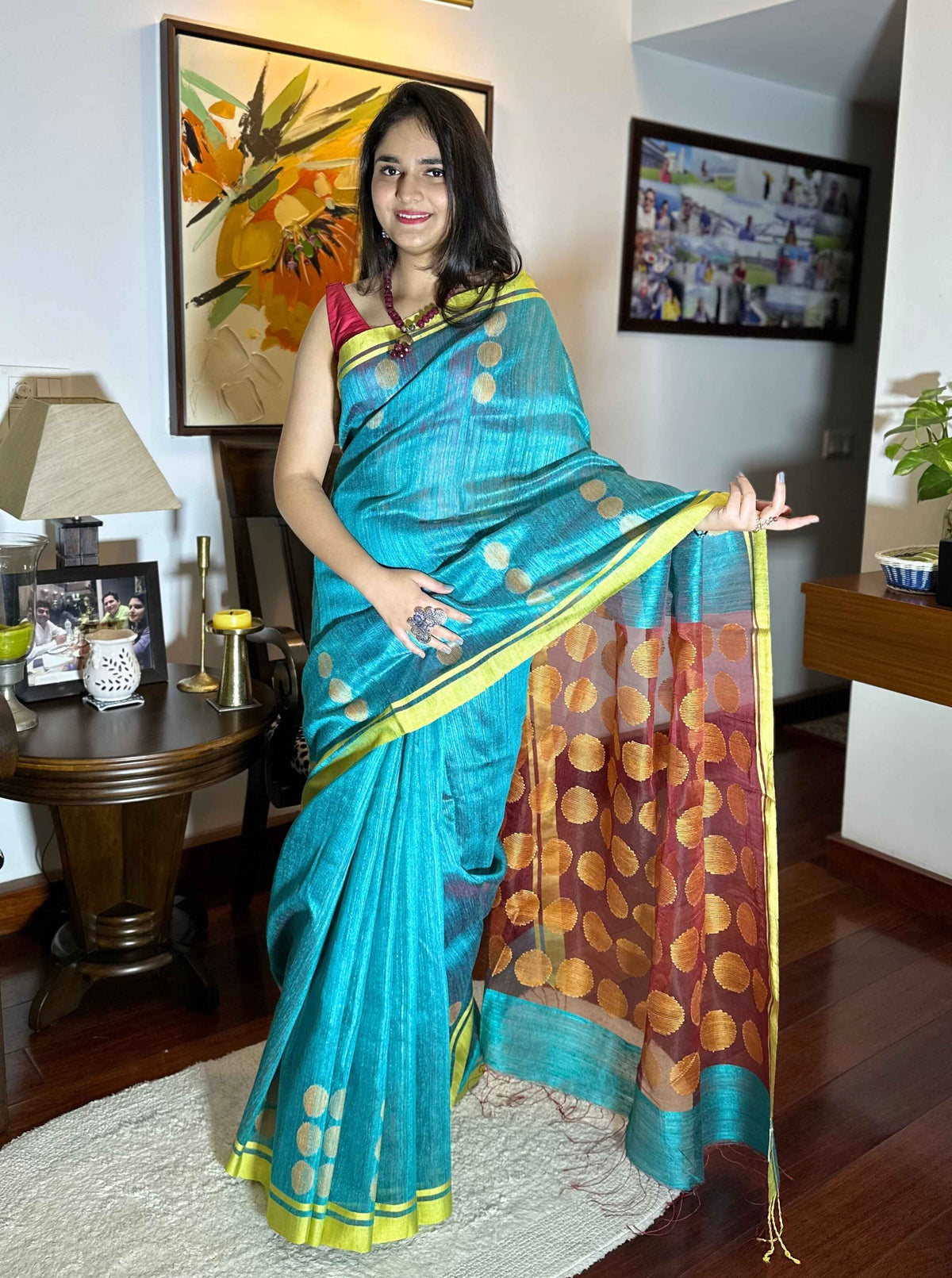 Pure handloom Teal Colour Tussar Silk Saree with Jamdani work