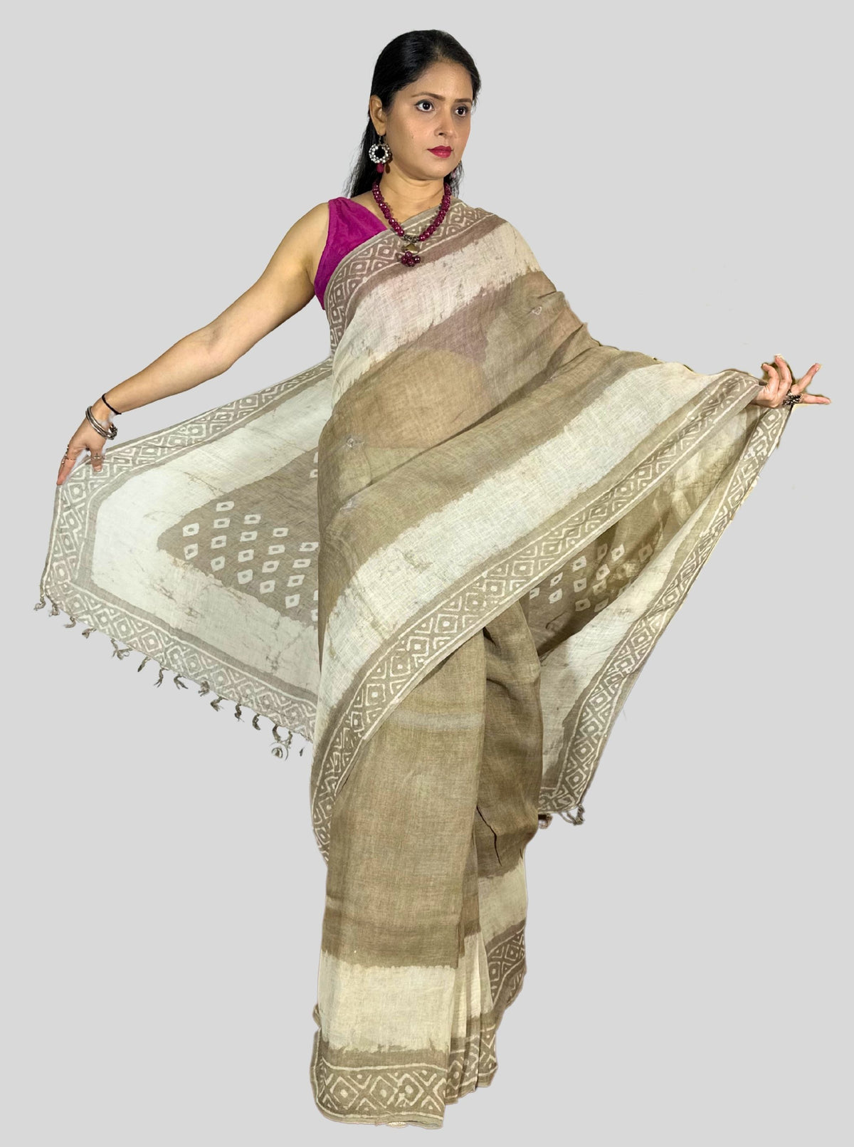handloom linen soil beige colour dabu print sare with blouse