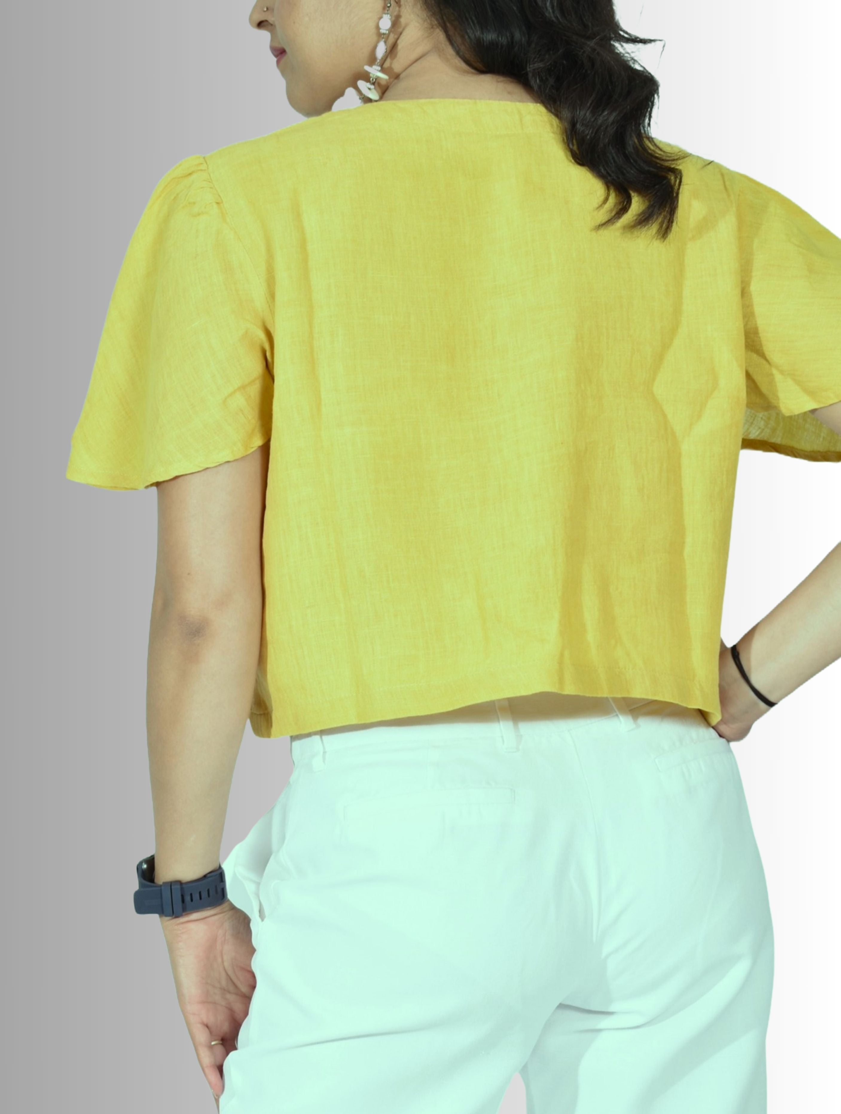 Pure Handloom Linen Haldi Yellow Hand-Embroidered Top